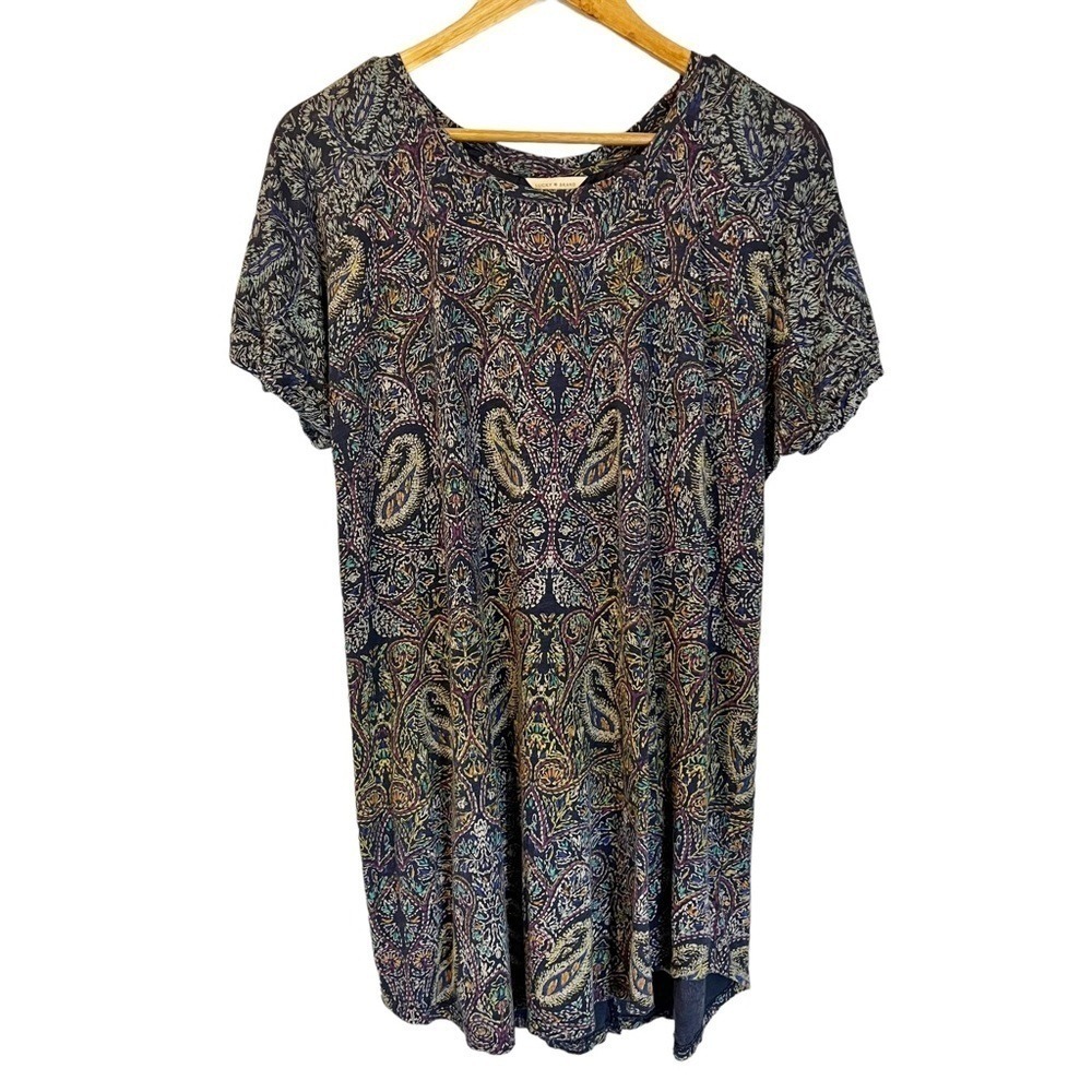 Lucky Brand Paisley‎ Split Back Navy Blue Short Sleeve Tee Bohemian Boho